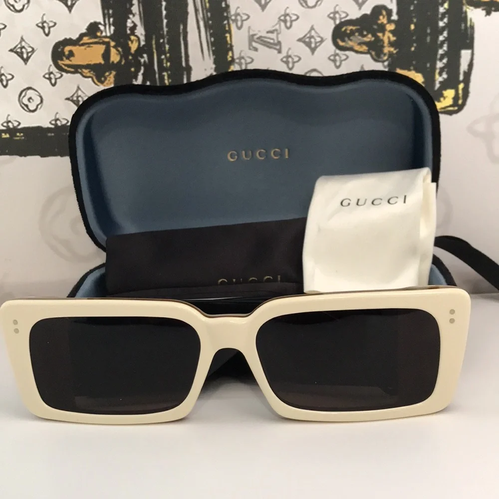 Gucci GG0543S 002 Ivory Black Oversized Rectangular Sunglasses Brown Lens
